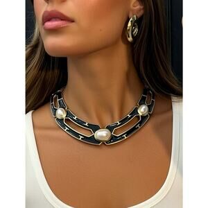 Vintage Black Enamel Faux Pearl Statement Necklace Gold Tone Chain